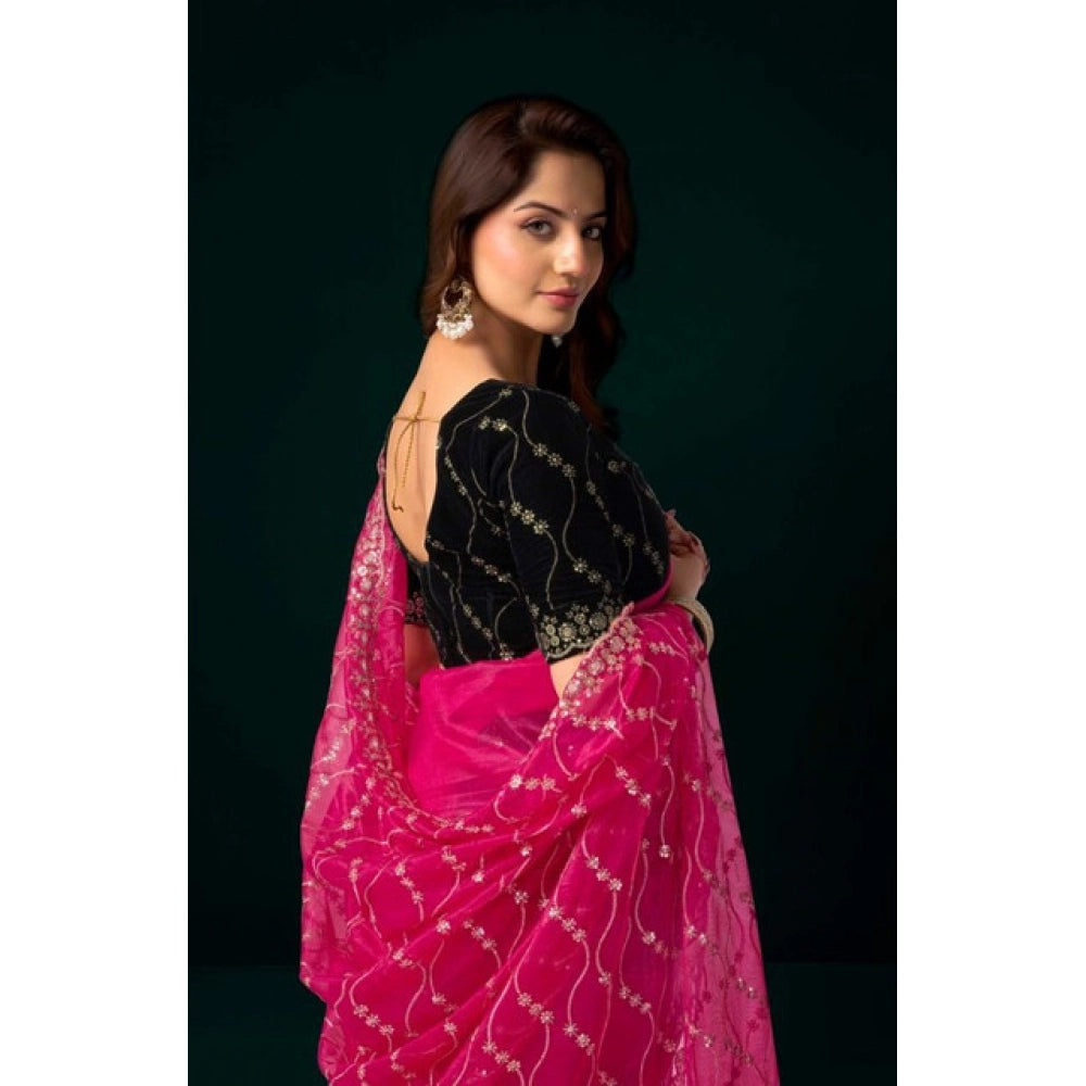 Women's Net Sequence Saree With Unstitched Blouse 5.5Mtr (Pink)