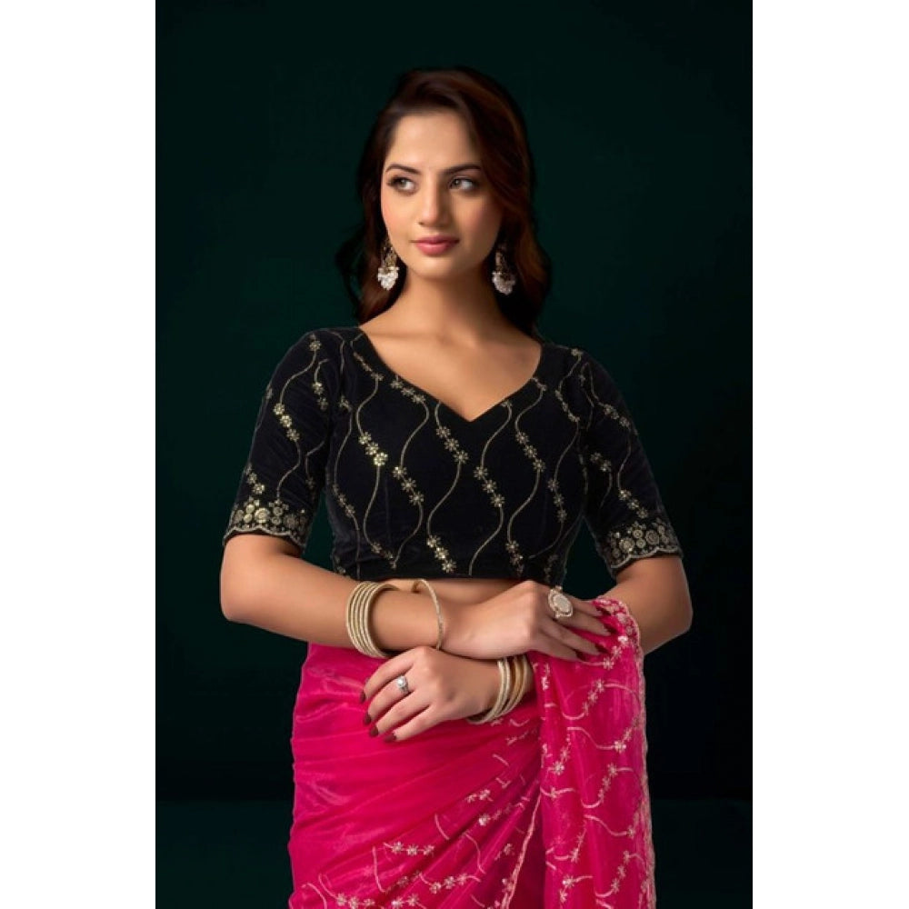 Women's Net Sequence Saree With Unstitched Blouse 5.5Mtr (Pink)