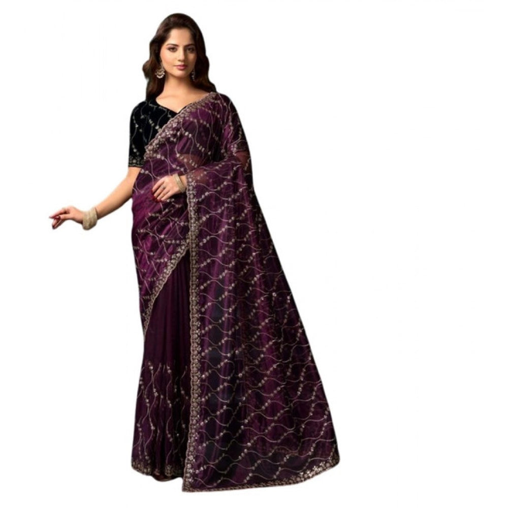 Women's Net Sequence Saree With Unstitched Blouse 5.5Mtr (Purple)
