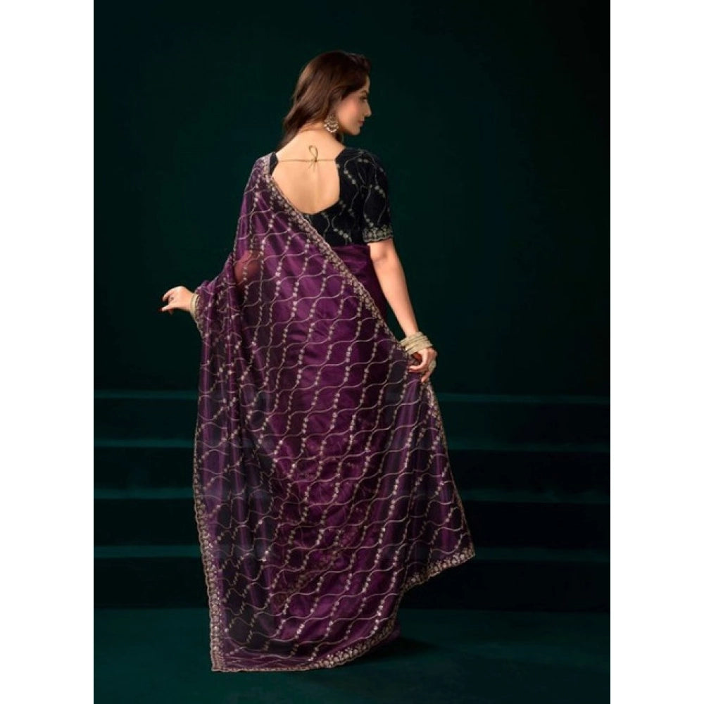Women's Net Sequence Saree With Unstitched Blouse 5.5Mtr (Purple)