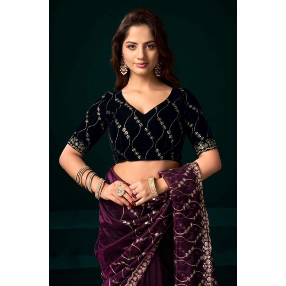 Women's Net Sequence Saree With Unstitched Blouse 5.5Mtr (Purple)