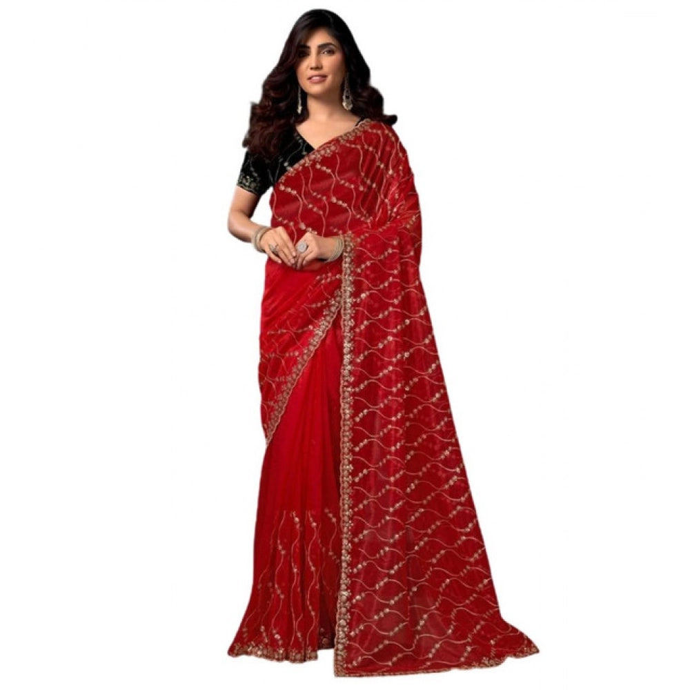 Women's Net Sequence Saree With Unstitched Blouse 5.5Mtr (Red)