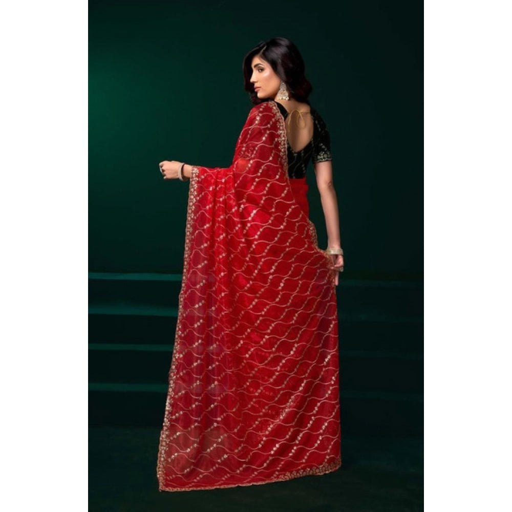 Women's Net Sequence Saree With Unstitched Blouse 5.5Mtr (Red)