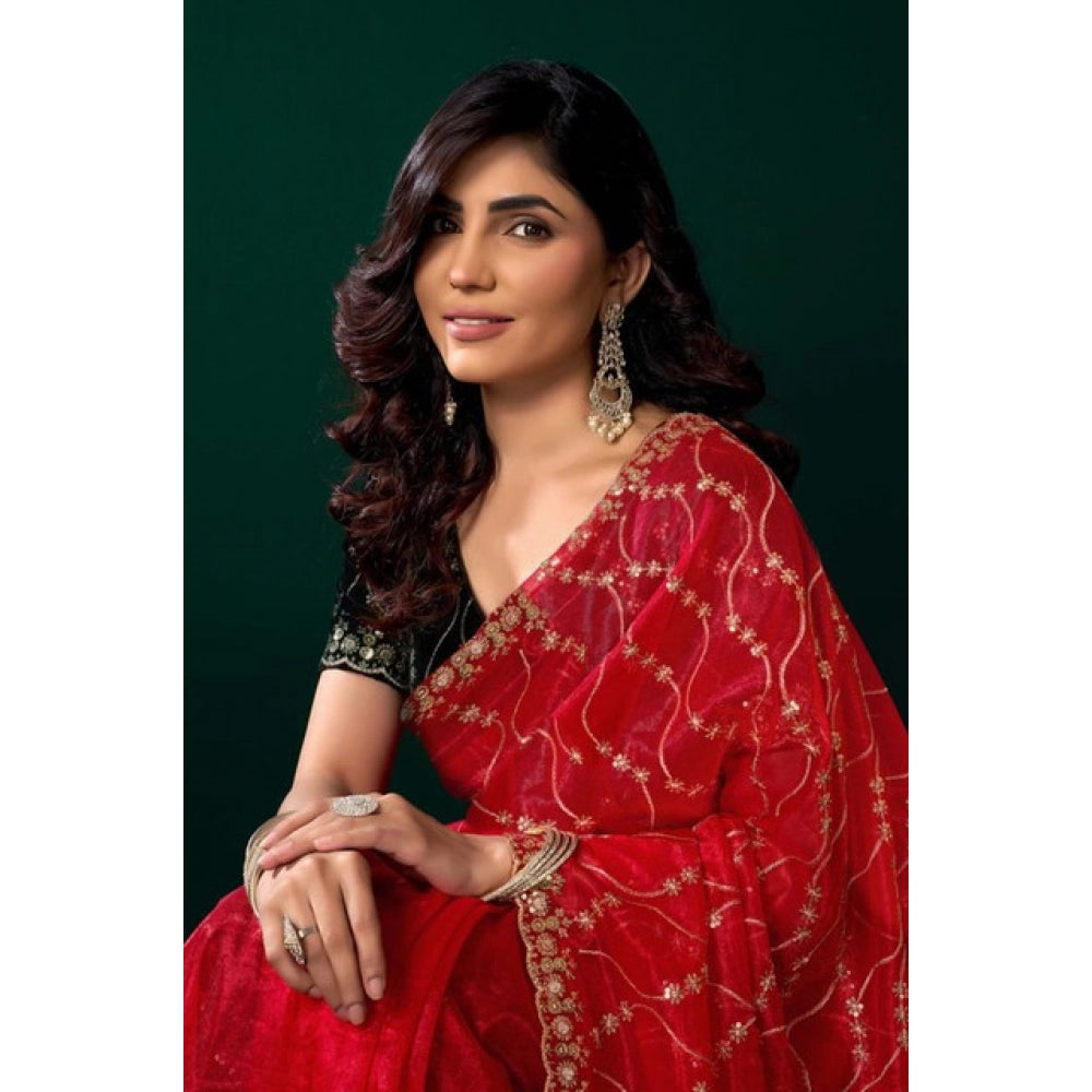 Women's Net Sequence Saree With Unstitched Blouse 5.5Mtr (Red)