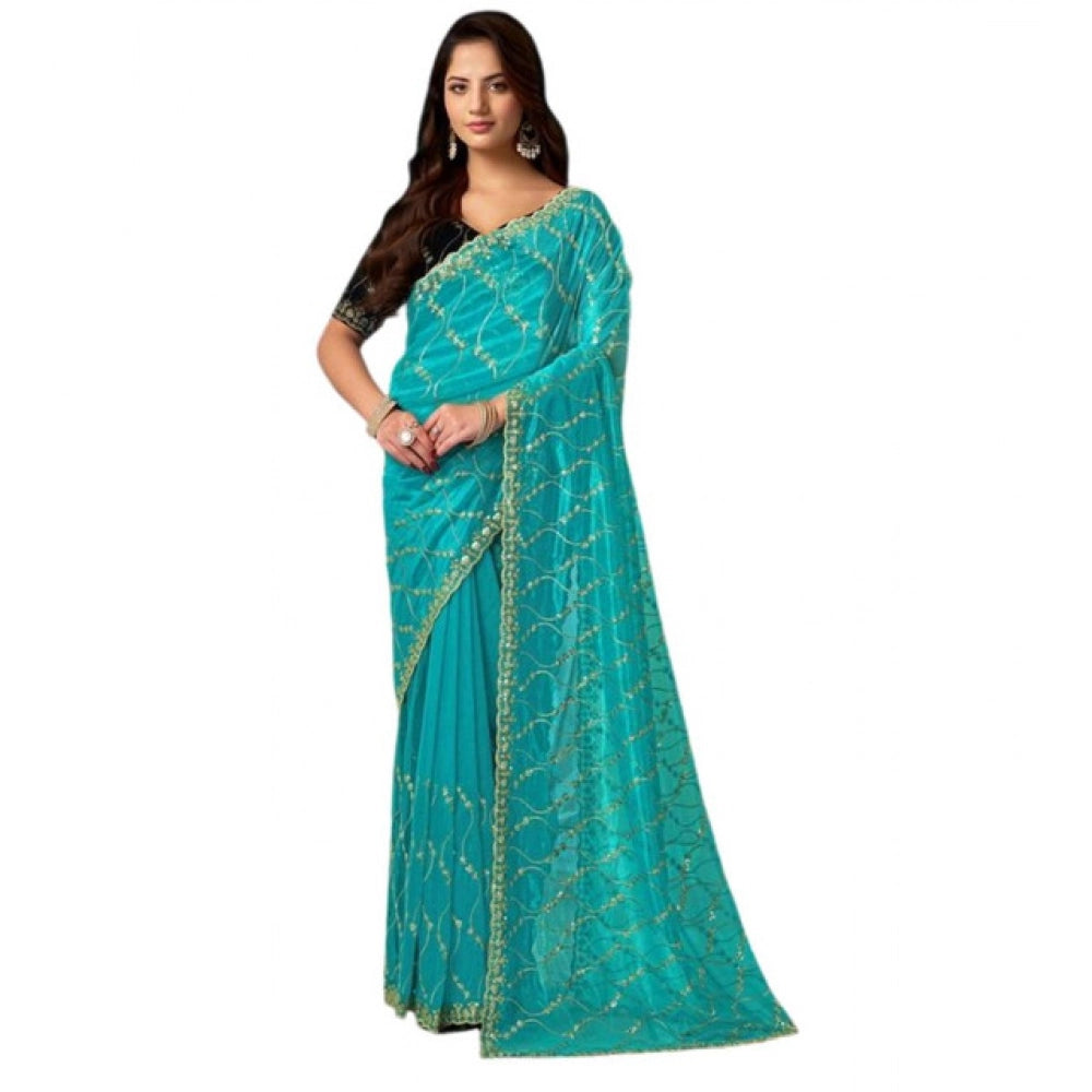Women's Net Sequence Saree With Unstitched Blouse 5.5Mtr (Turquoise)