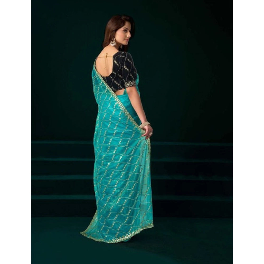 Women's Net Sequence Saree With Unstitched Blouse 5.5Mtr (Turquoise)