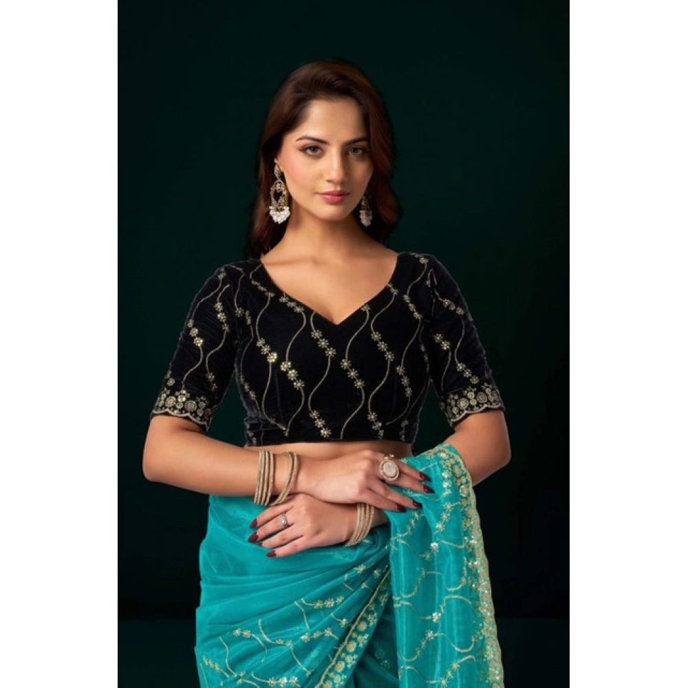 Women's Net Sequence Saree With Unstitched Blouse 5.5Mtr (Turquoise)
