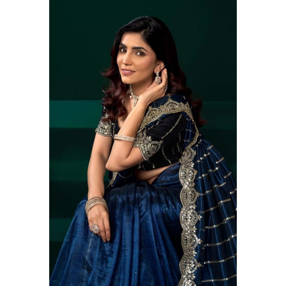 Women's Net Sequence Saree With Unstitched Blouse 5.5Mtr (Blue)
