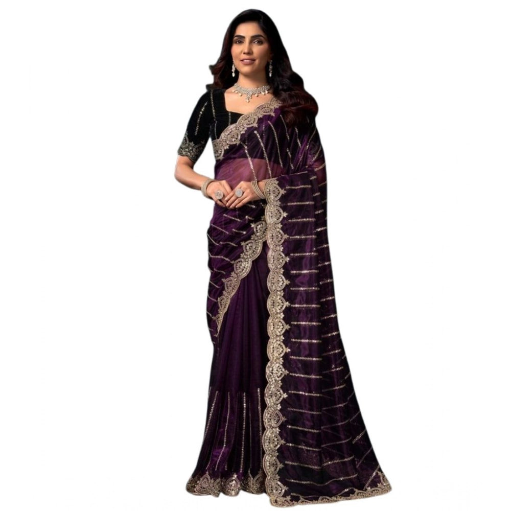 Women's Net Sequence Saree With Unstitched Blouse 5.5Mtr (Wine)