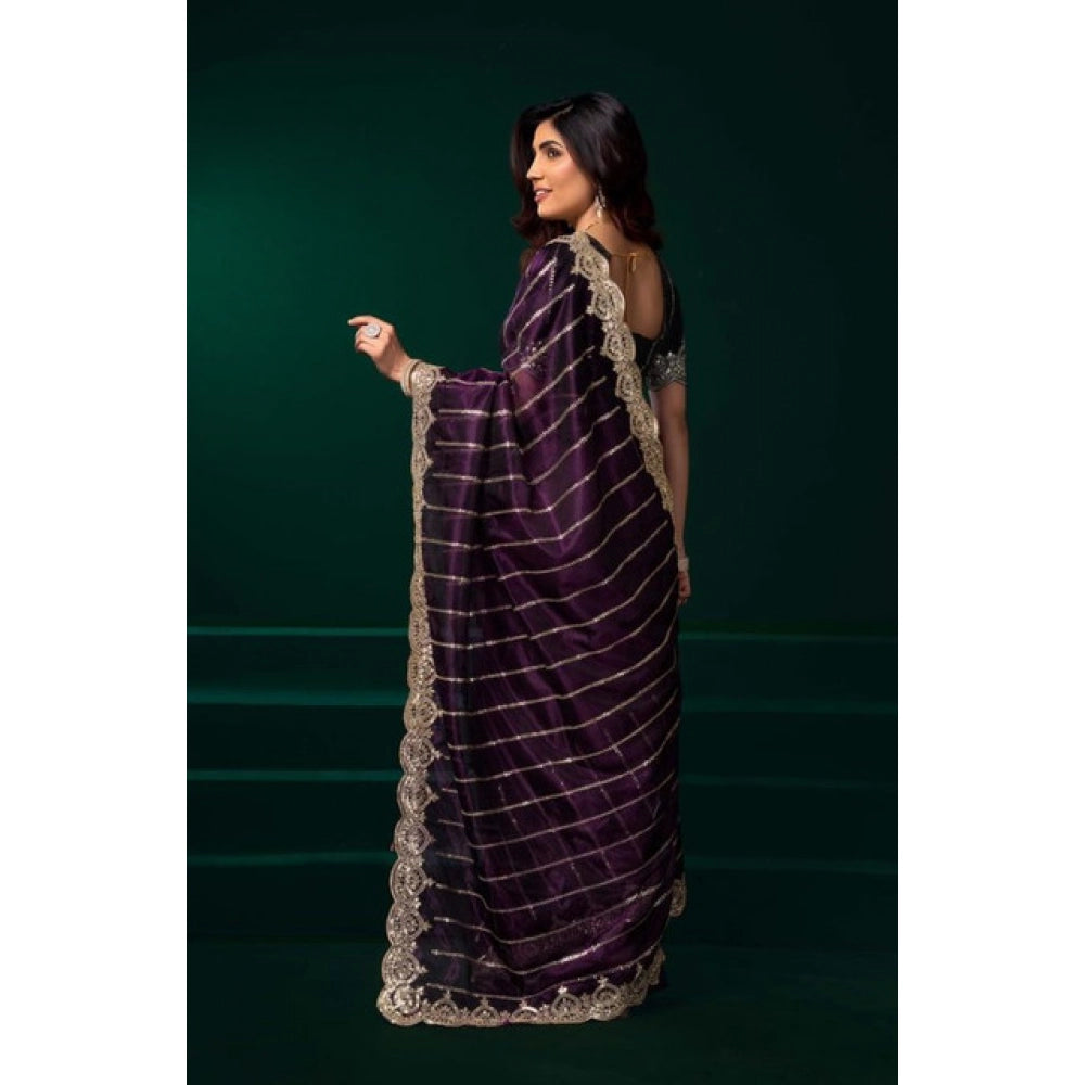 Women's Net Sequence Saree With Unstitched Blouse 5.5Mtr (Wine)