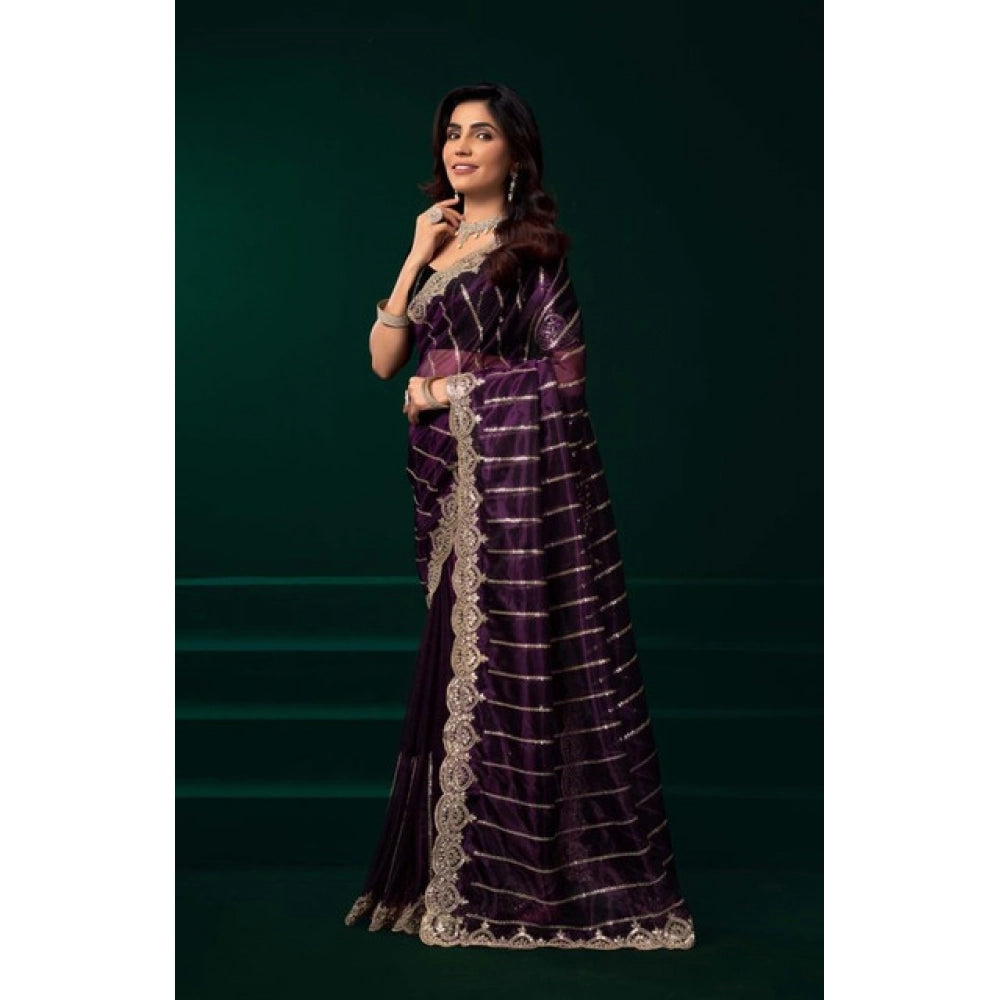Women's Net Sequence Saree With Unstitched Blouse 5.5Mtr (Wine)