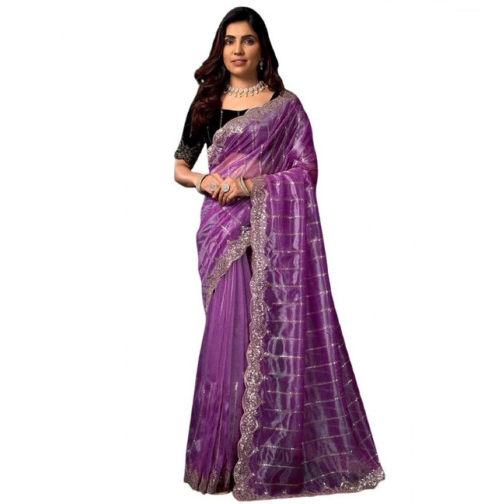 Women's Net Sequence Saree With Unstitched Blouse 5.5Mtr (Lavender)
