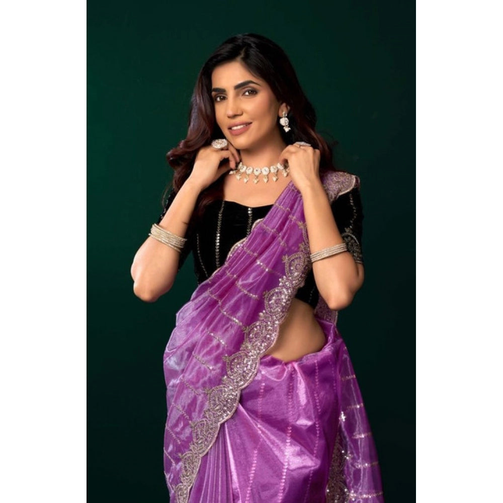 Women's Net Sequence Saree With Unstitched Blouse 5.5Mtr (Lavender)