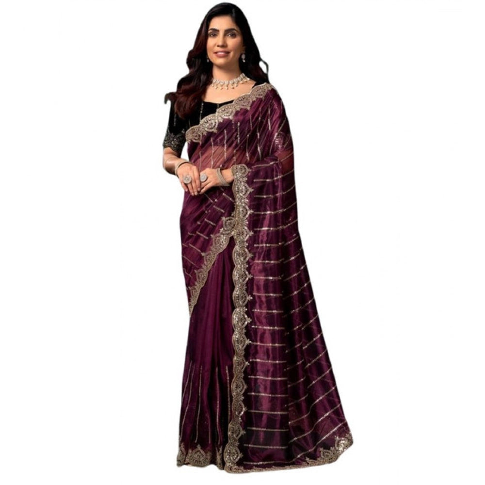 Women's Net Sequence Saree With Unstitched Blouse 5.5Mtr (Maroon)