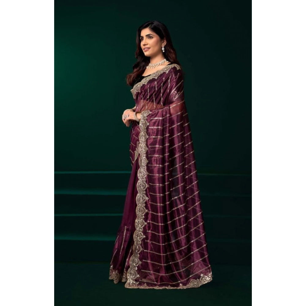 Women's Net Sequence Saree With Unstitched Blouse 5.5Mtr (Maroon)