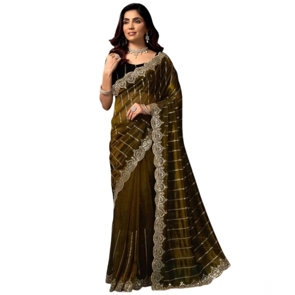 Women's Net Sequence Saree With Unstitched Blouse 5.5Mtr (Olive)