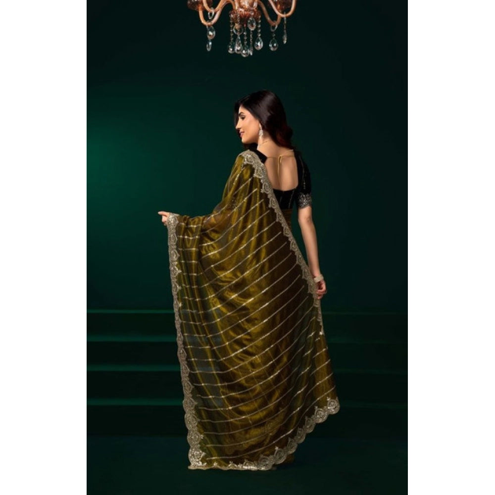 Women's Net Sequence Saree With Unstitched Blouse 5.5Mtr (Olive)