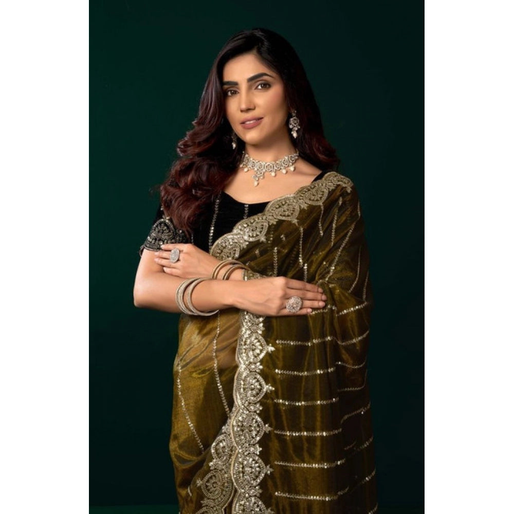Women's Net Sequence Saree With Unstitched Blouse 5.5Mtr (Olive)