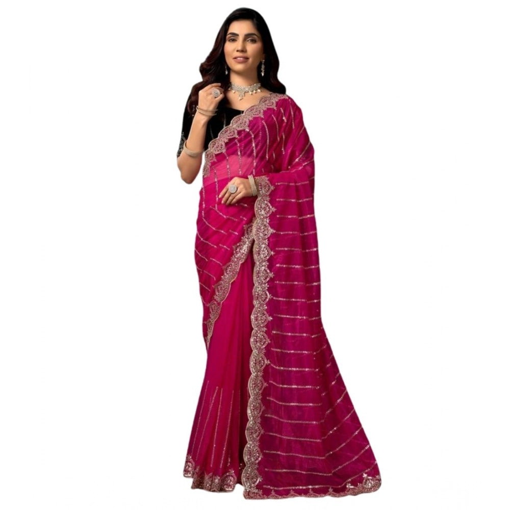 Women's Net Sequence Saree With Unstitched Blouse 5.5Mtr (Pink)