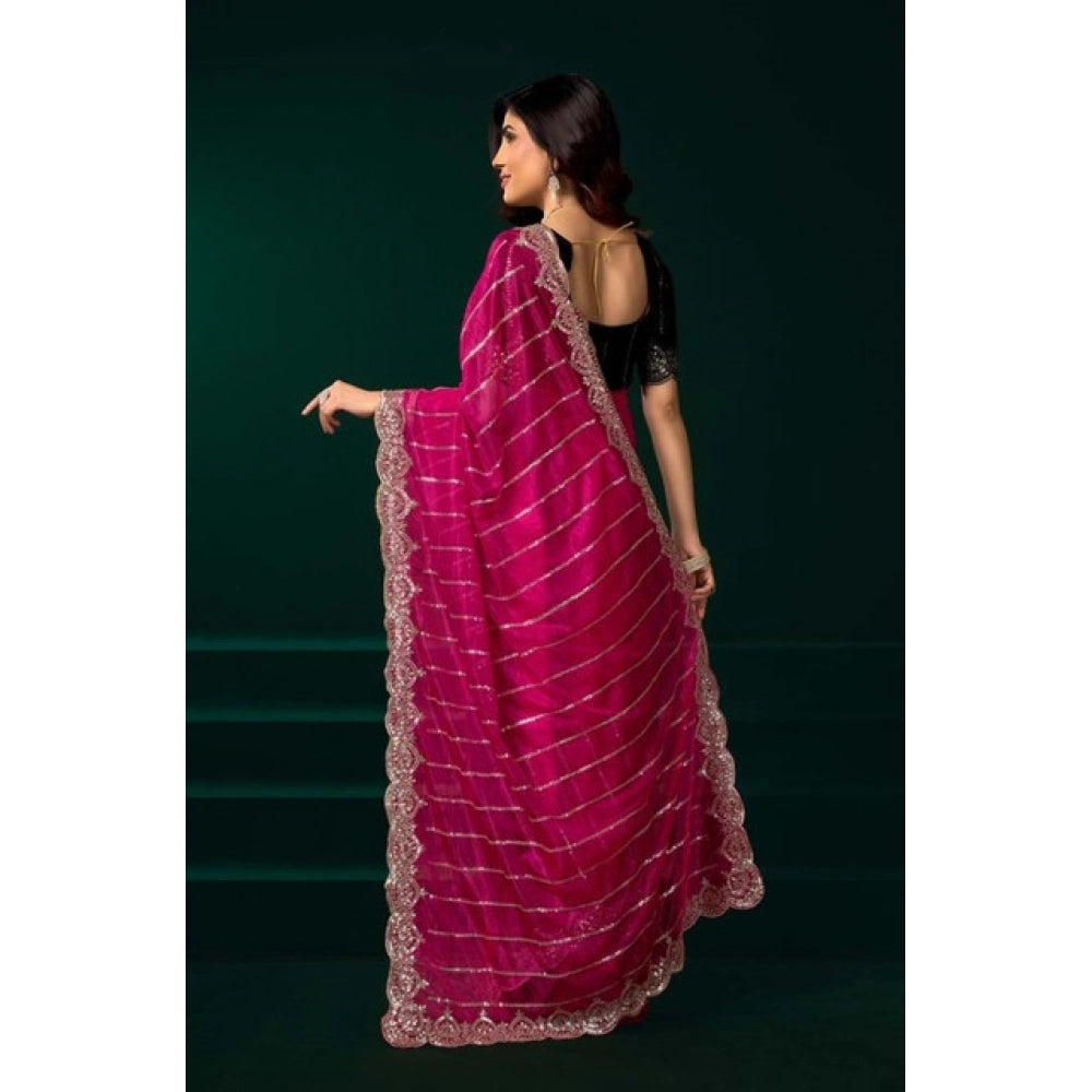 Women's Net Sequence Saree With Unstitched Blouse 5.5Mtr (Pink)