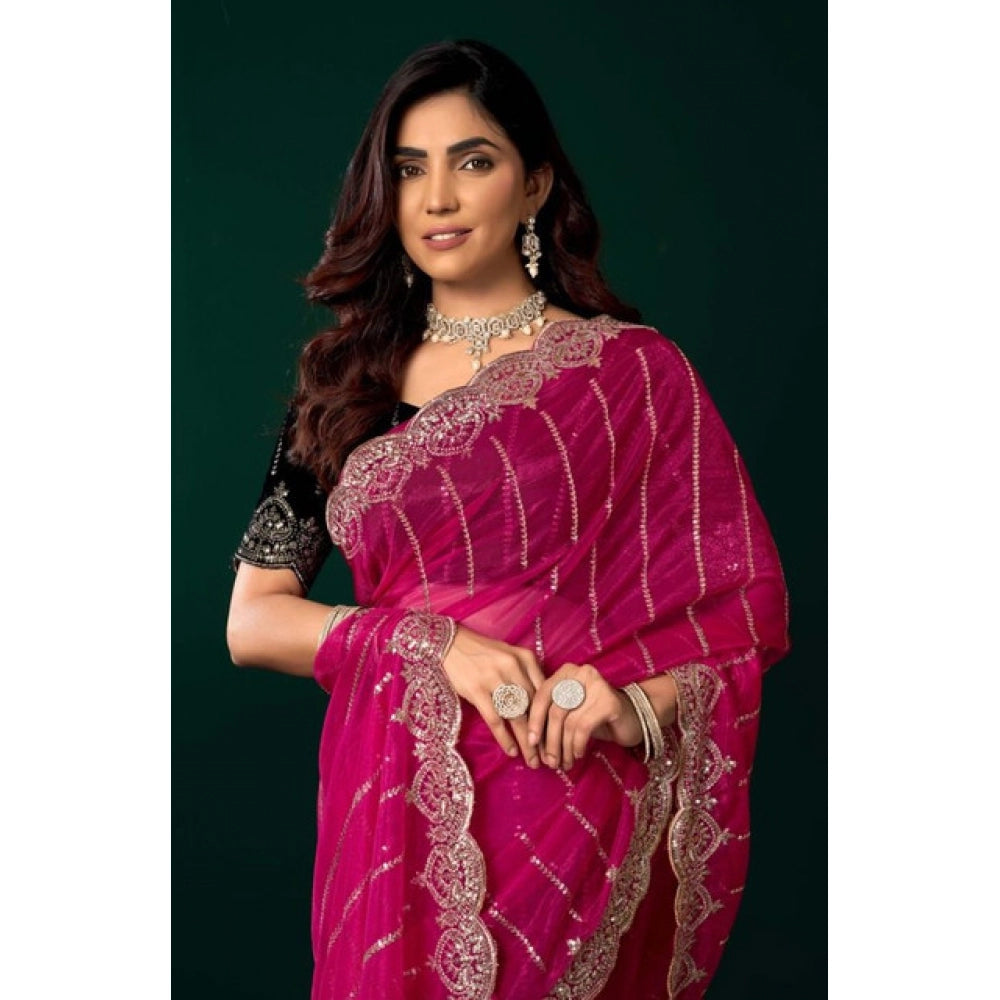 Women's Net Sequence Saree With Unstitched Blouse 5.5Mtr (Pink)