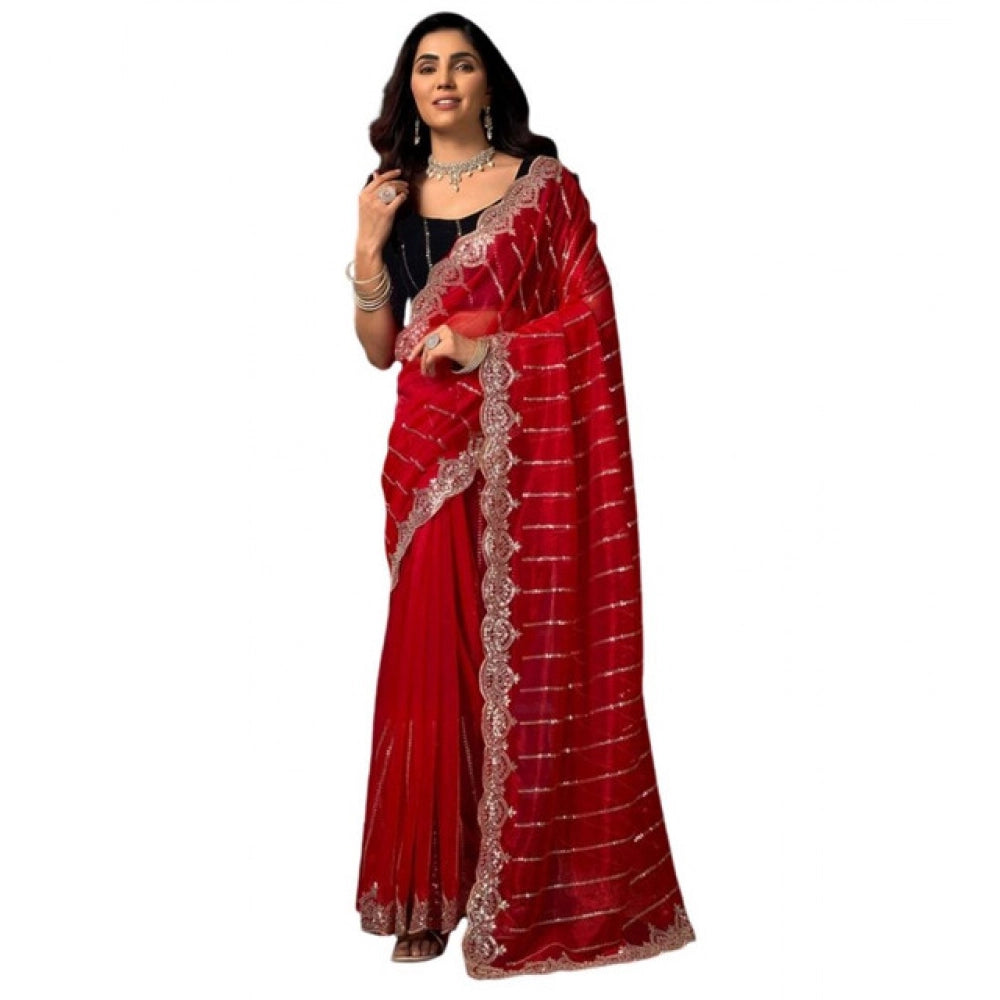 Women's Net Sequence Saree With Unstitched Blouse 5.5Mtr (Red)