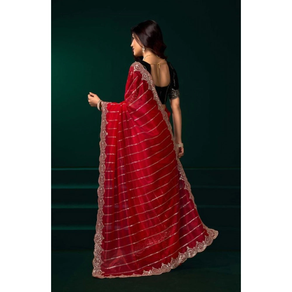 Women's Net Sequence Saree With Unstitched Blouse 5.5Mtr (Red)