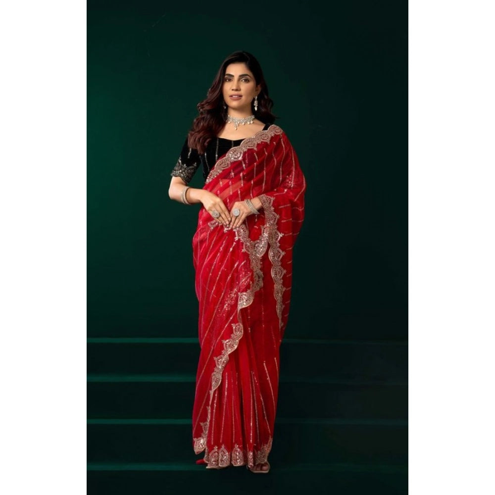 Women's Net Sequence Saree With Unstitched Blouse 5.5Mtr (Red)