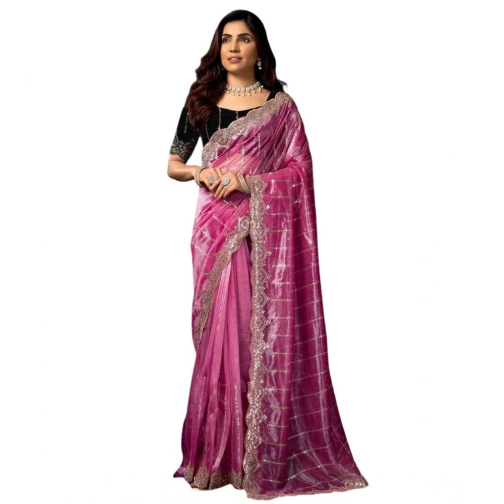 Women's Net Sequence Saree With Unstitched Blouse 5.5Mtr (Pink)