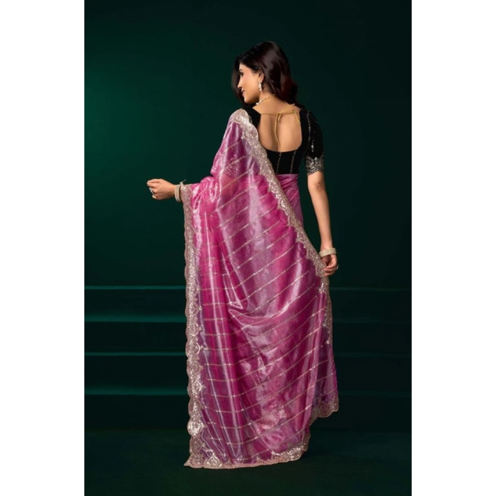 Women's Net Sequence Saree With Unstitched Blouse 5.5Mtr (Pink)
