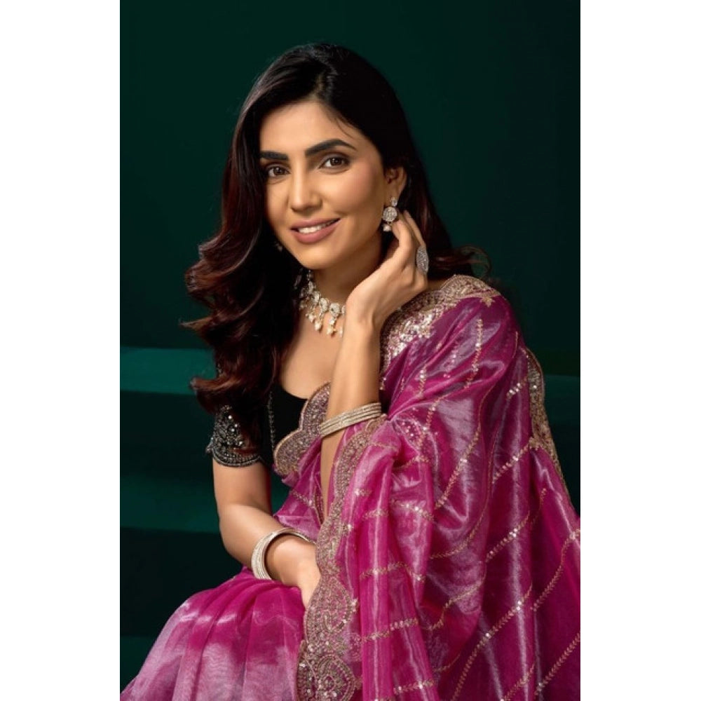 Women's Net Sequence Saree With Unstitched Blouse 5.5Mtr (Pink)