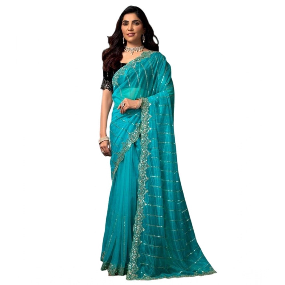 Women's Net Sequence Saree With Unstitched Blouse 5.5Mtr (Turquoise)