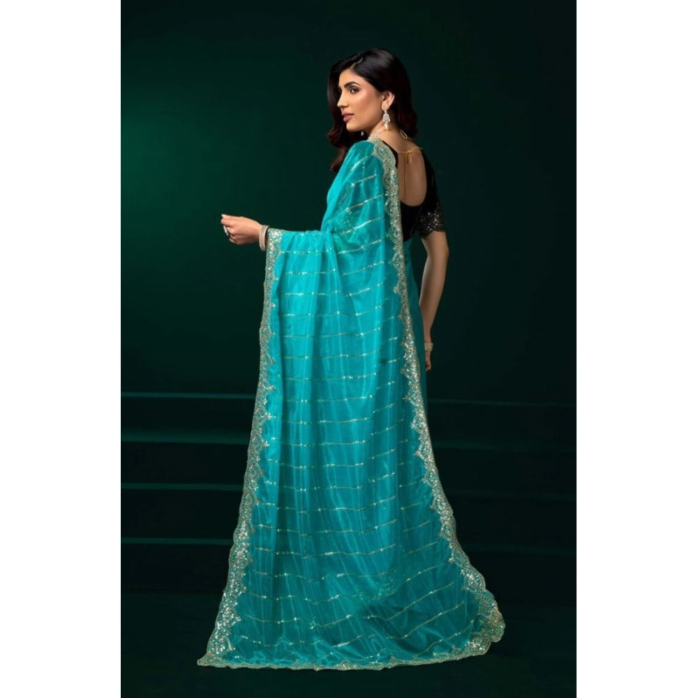 Women's Net Sequence Saree With Unstitched Blouse 5.5Mtr (Turquoise)