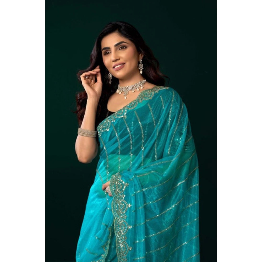 Women's Net Sequence Saree With Unstitched Blouse 5.5Mtr (Turquoise)