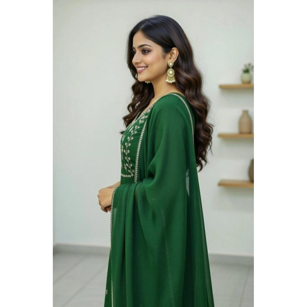 Women's Georgette Ethnic Motif Round 3/4th Sleeve Kurti With Pant Dupatta Set (Green)