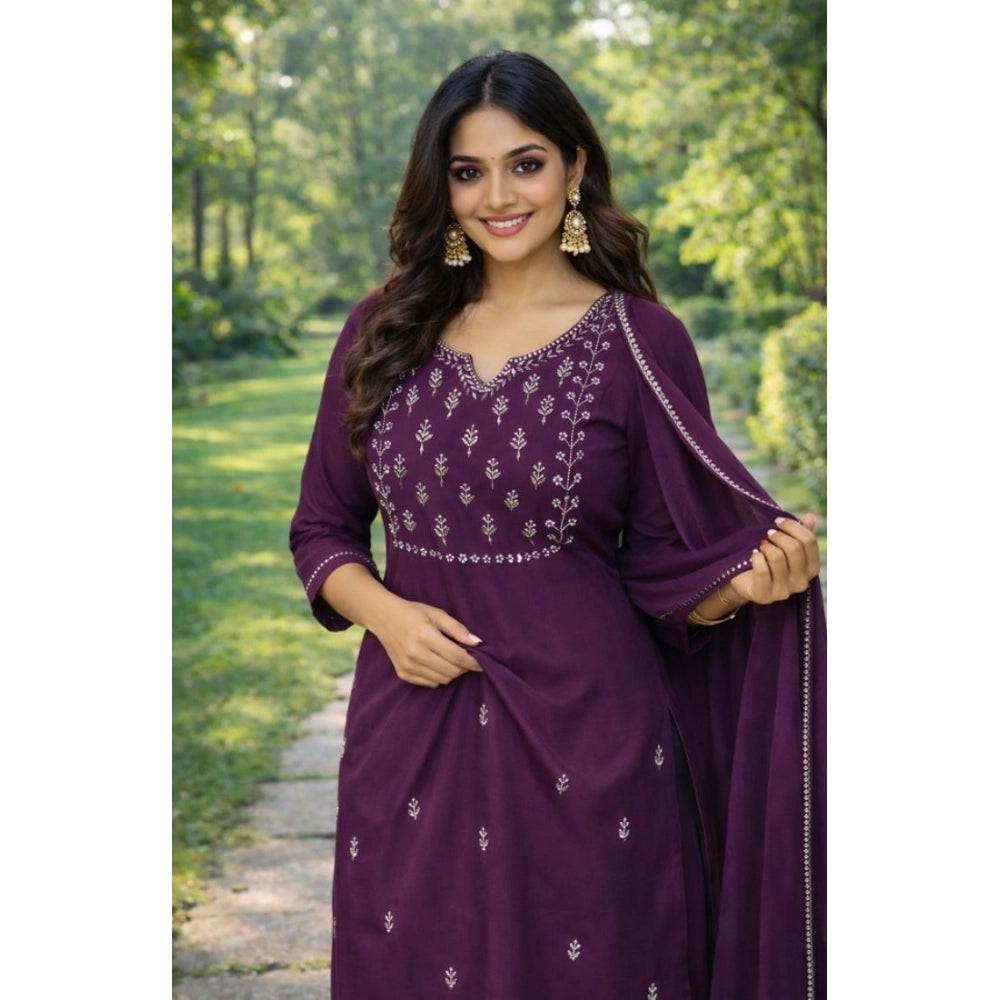 Women's Georgette Ethnic Motif Round 3/4th Sleeve Kurti With Pant Dupatta Set (Magenta)