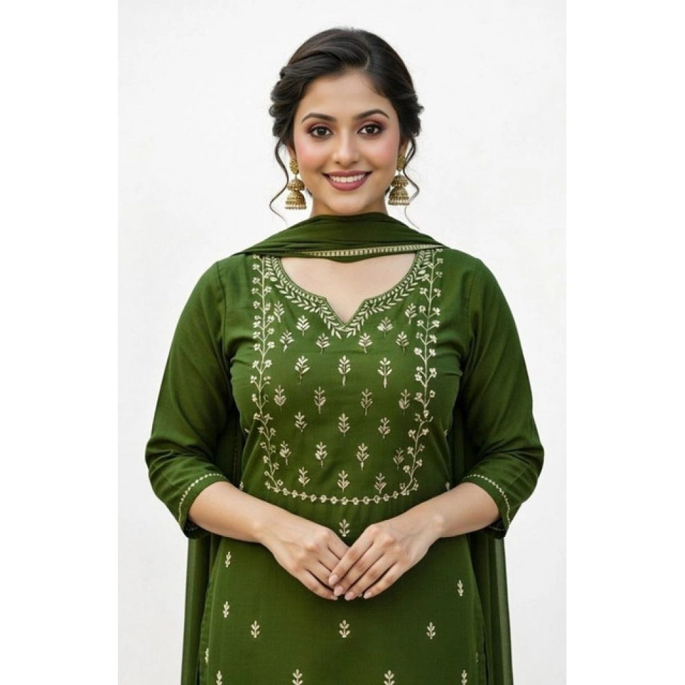 Women's Georgette Ethnic Motif Round 3/4th Sleeve Kurti With Pant Dupatta Set (Mahendi)