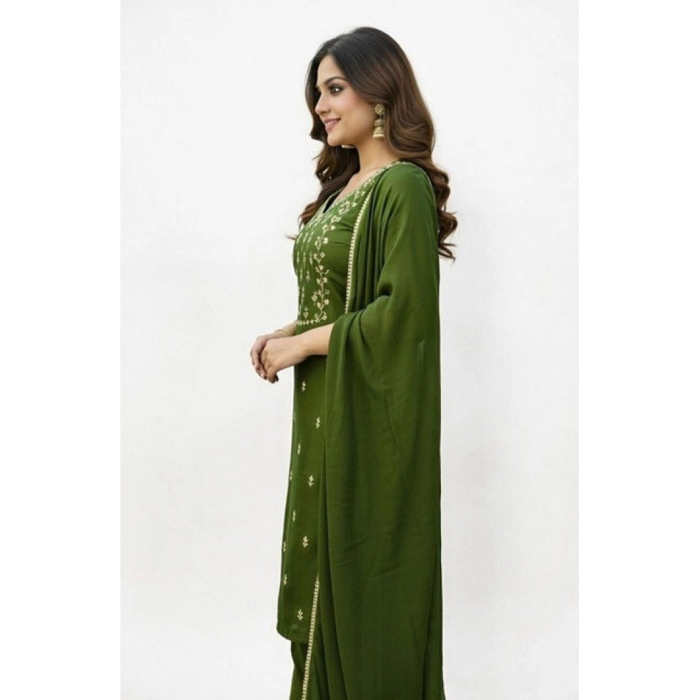 Women's Georgette Ethnic Motif Round 3/4th Sleeve Kurti With Pant Dupatta Set (Mahendi)