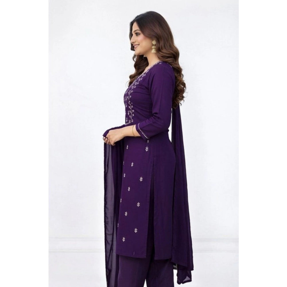 Women's Georgette Ethnic Motif Round 3/4th Sleeve Kurti With Pant Dupatta Set (Purple)
