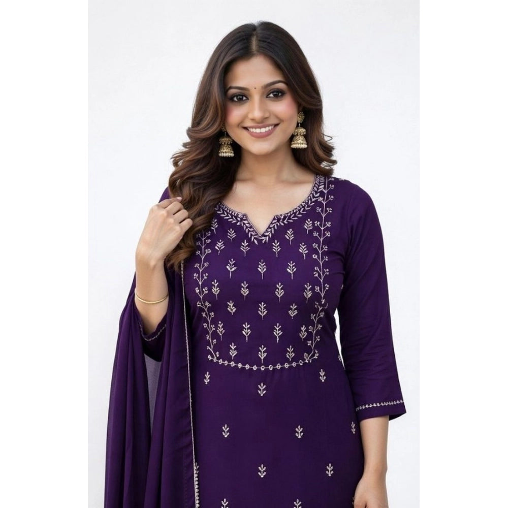 Women's Georgette Ethnic Motif Round 3/4th Sleeve Kurti With Pant Dupatta Set (Purple)