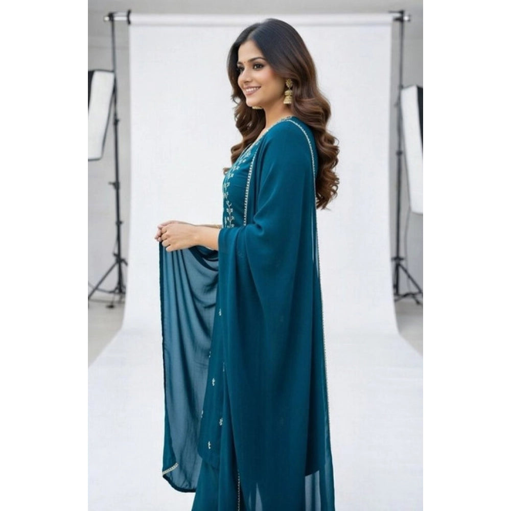 Women's Georgette Ethnic Motif Round 3/4th Sleeve Kurti With Pant Dupatta Set (Teal)