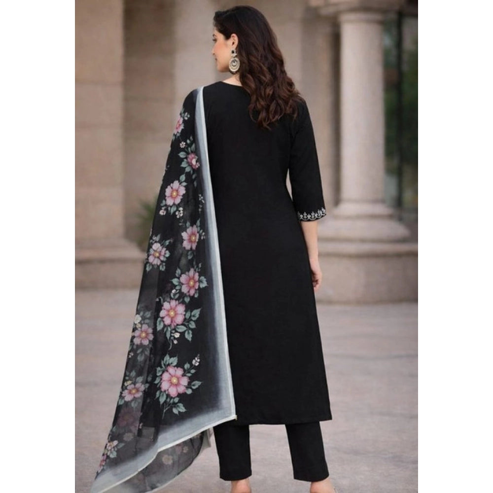 Women's Chanderi Silk Ethnic Motif V-Neck 3/4th Sleeve Kurti With Pant Dupatta Set (Black)