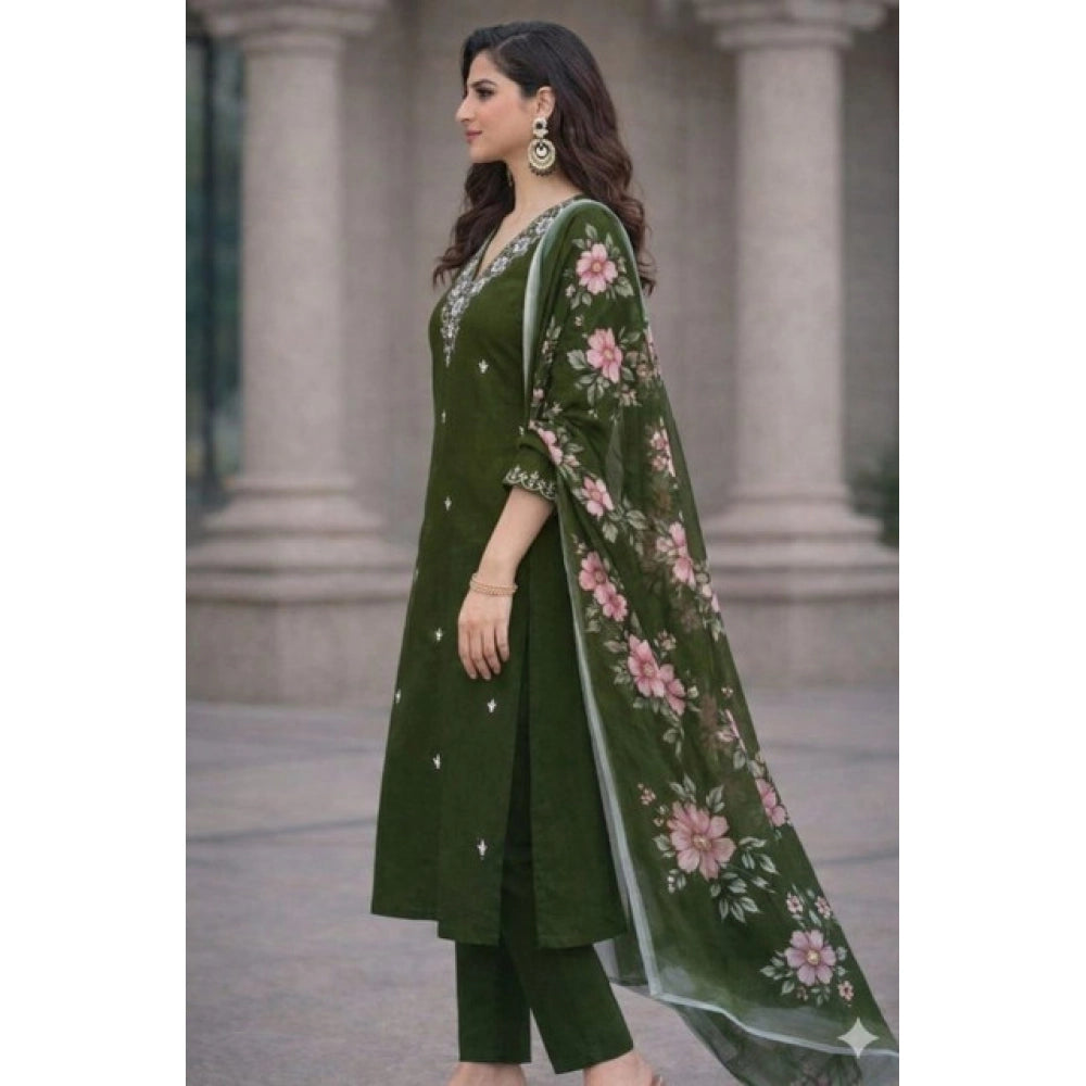 Women's Chanderi Silk Ethnic Motif V-Neck 3/4th Sleeve Kurti With Pant Dupatta Set (Mahendi)