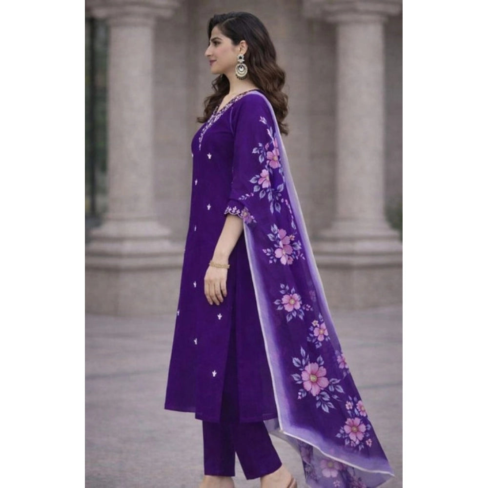 Women's Chanderi Silk Ethnic Motif V-Neck 3/4th Sleeve Kurti With Pant Dupatta Set (Purple)