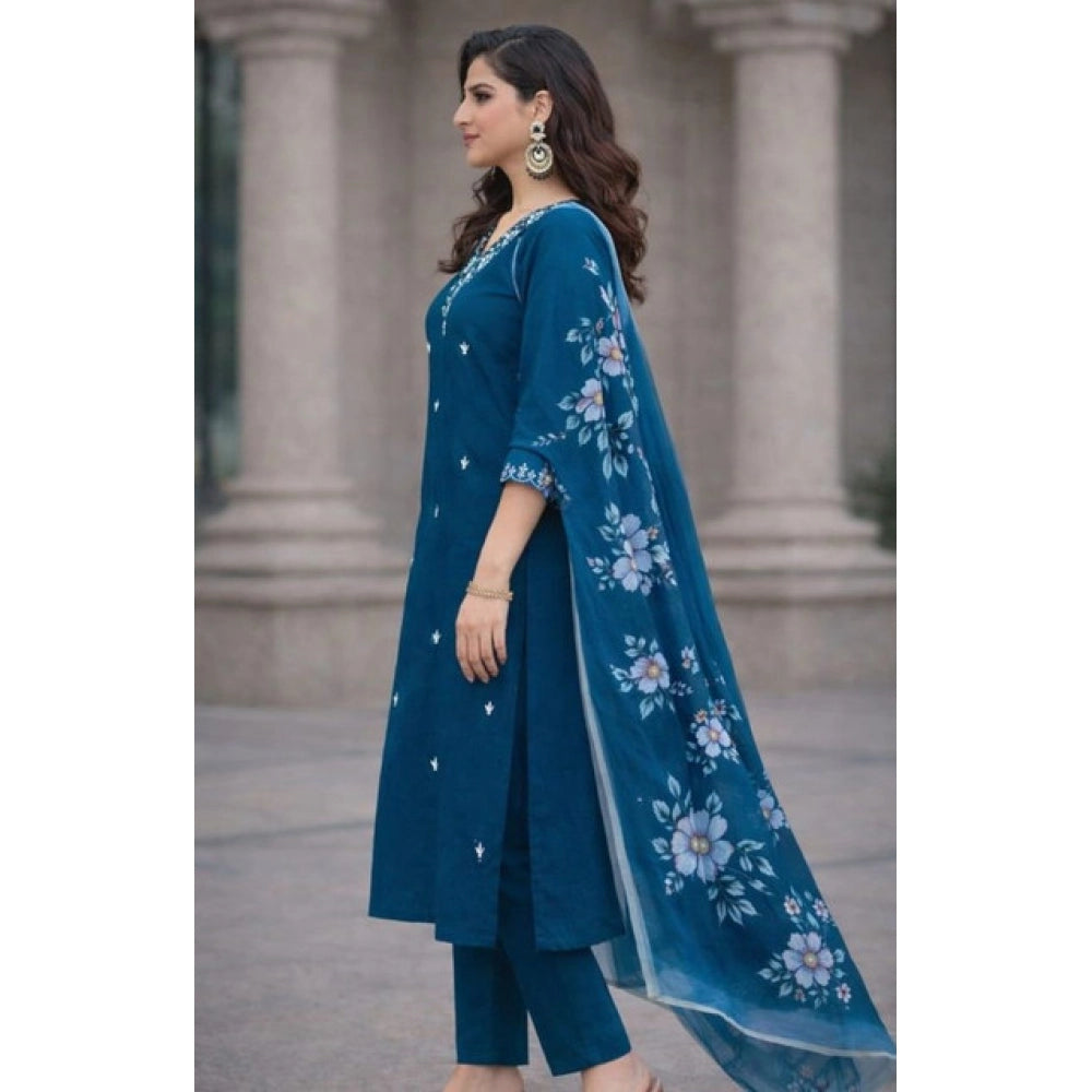 Women's Chanderi Silk Ethnic Motif V-Neck 3/4th Sleeve Kurti With Pant Dupatta Set (Teal)