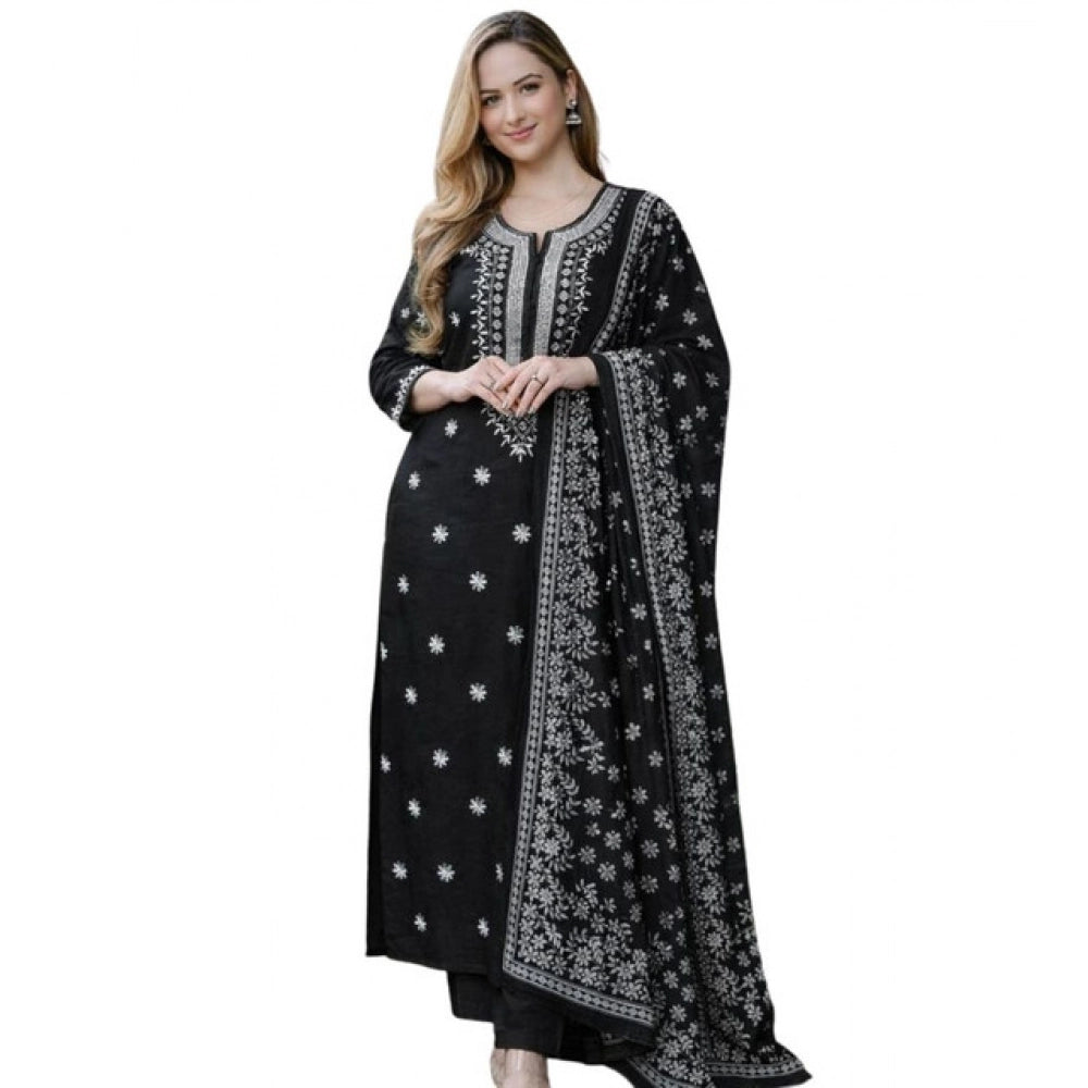 Women's Chanderi Silk Ethnic Motif Round 3/4th Sleeve Kurti With Pant Dupatta Set (Black)