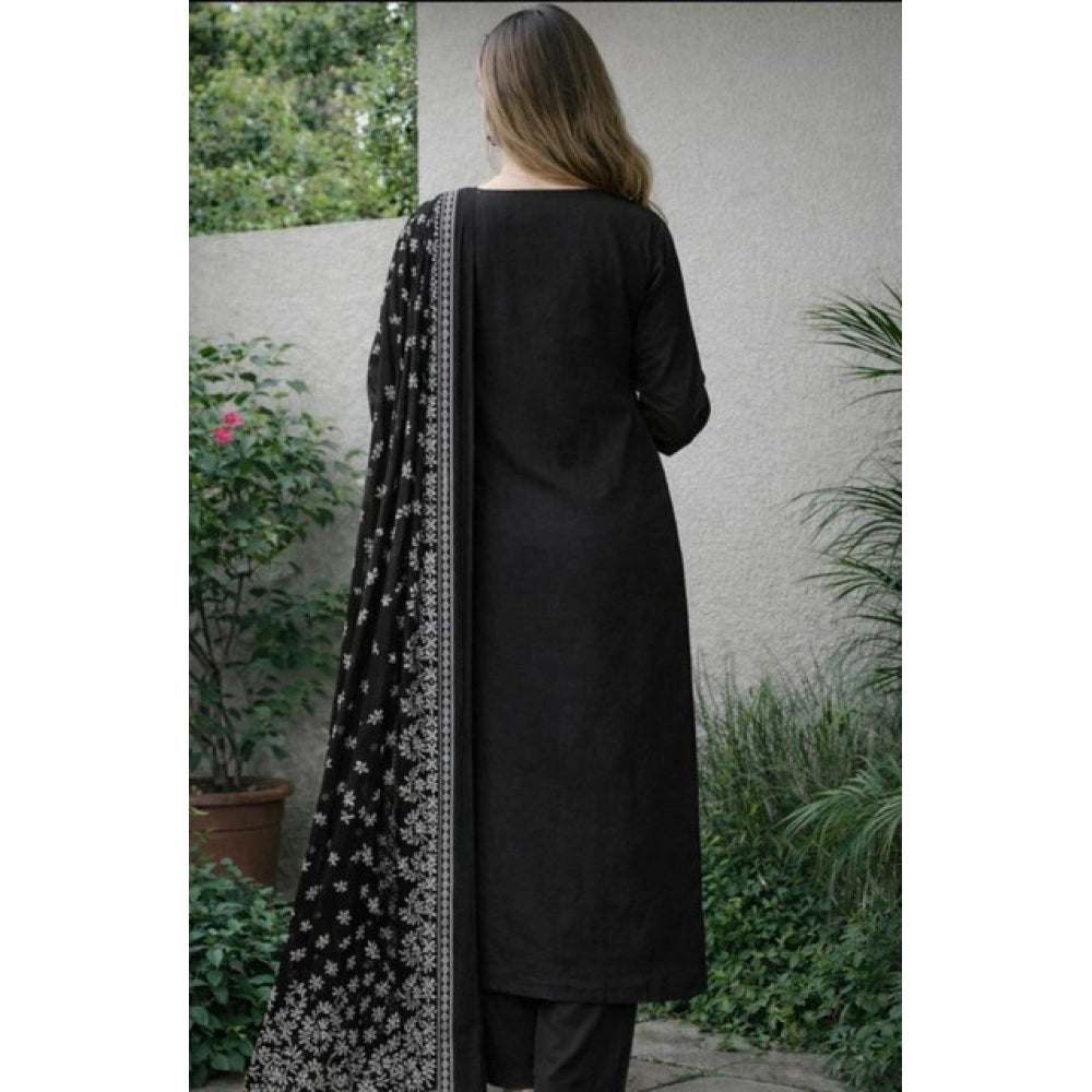 Women's Chanderi Silk Ethnic Motif Round 3/4th Sleeve Kurti With Pant Dupatta Set (Black)