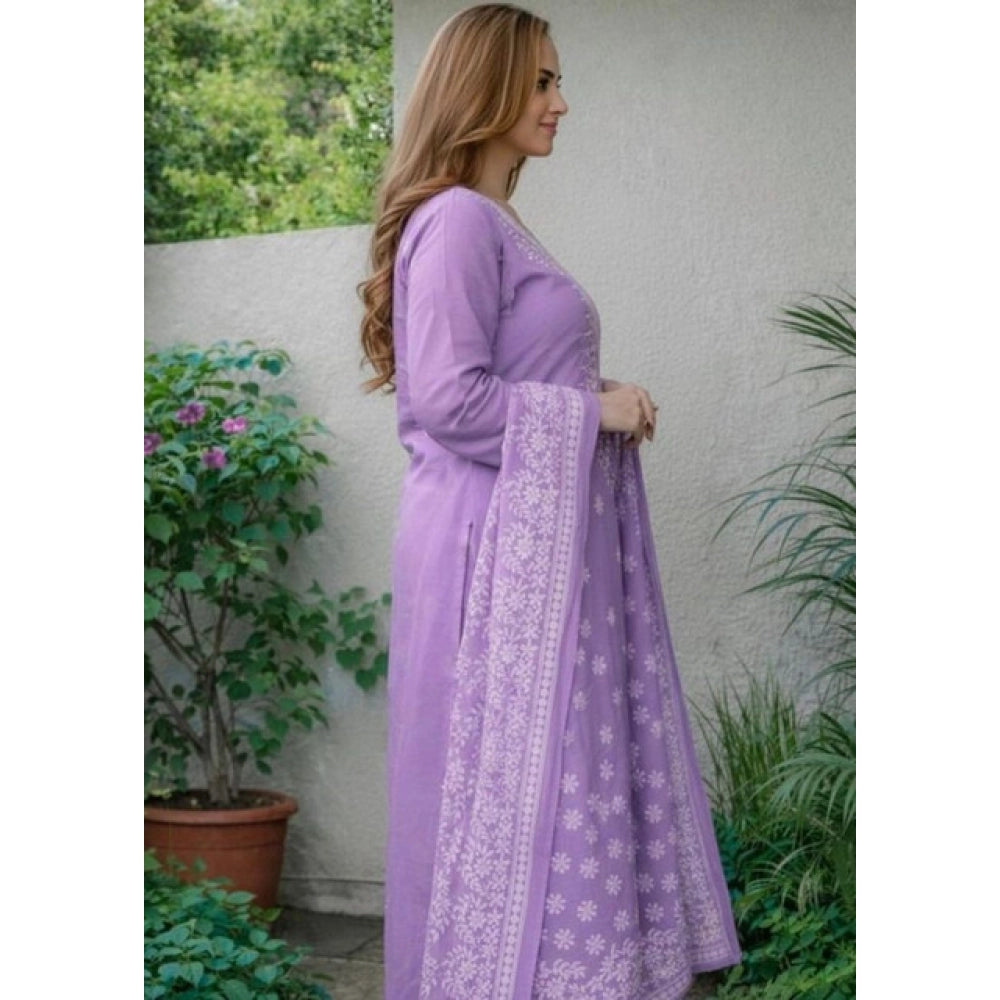 Women's Chanderi Silk Ethnic Motif Round 3/4th Sleeve Kurti With Pant Dupatta Set (Lavender)