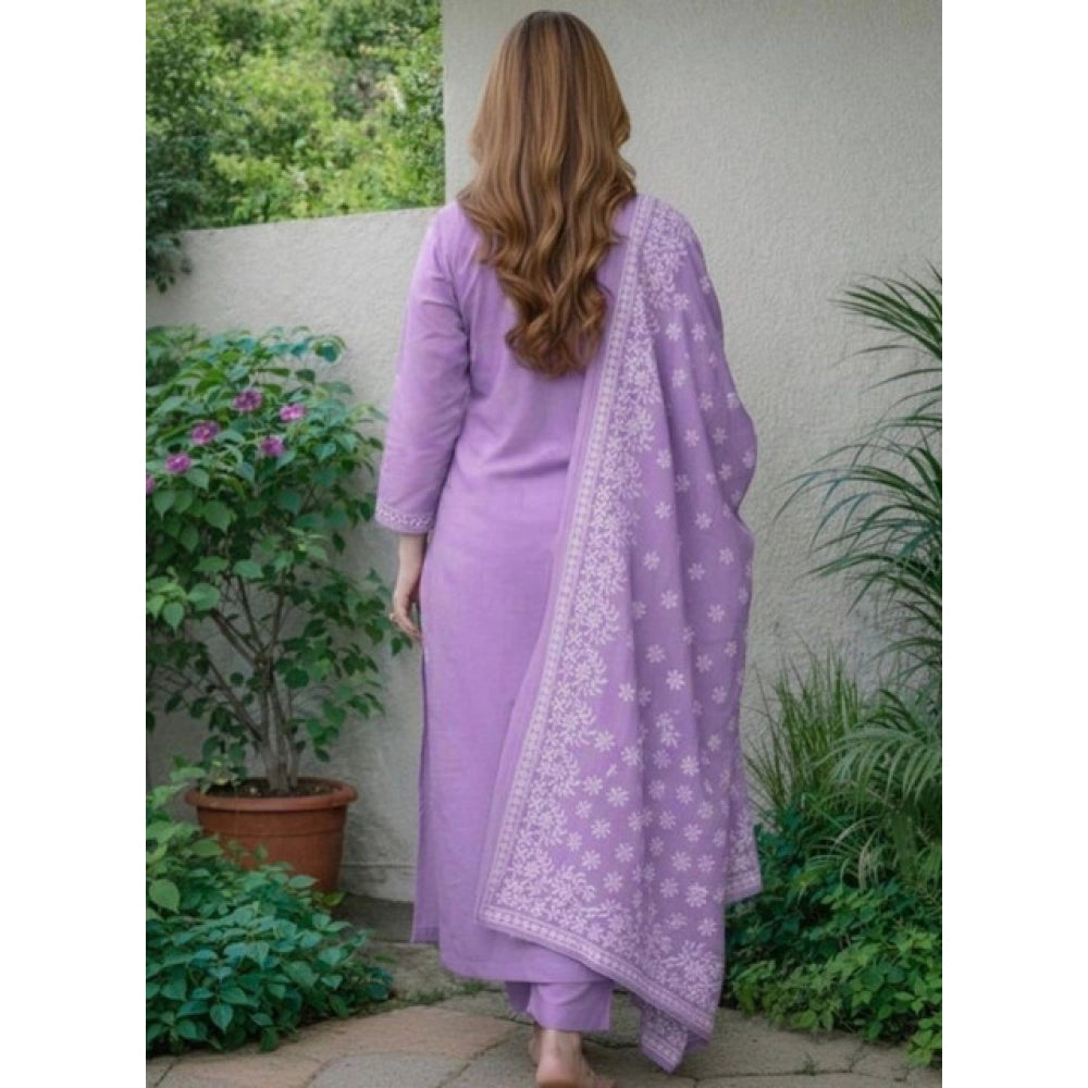 Women's Chanderi Silk Ethnic Motif Round 3/4th Sleeve Kurti With Pant Dupatta Set (Lavender)