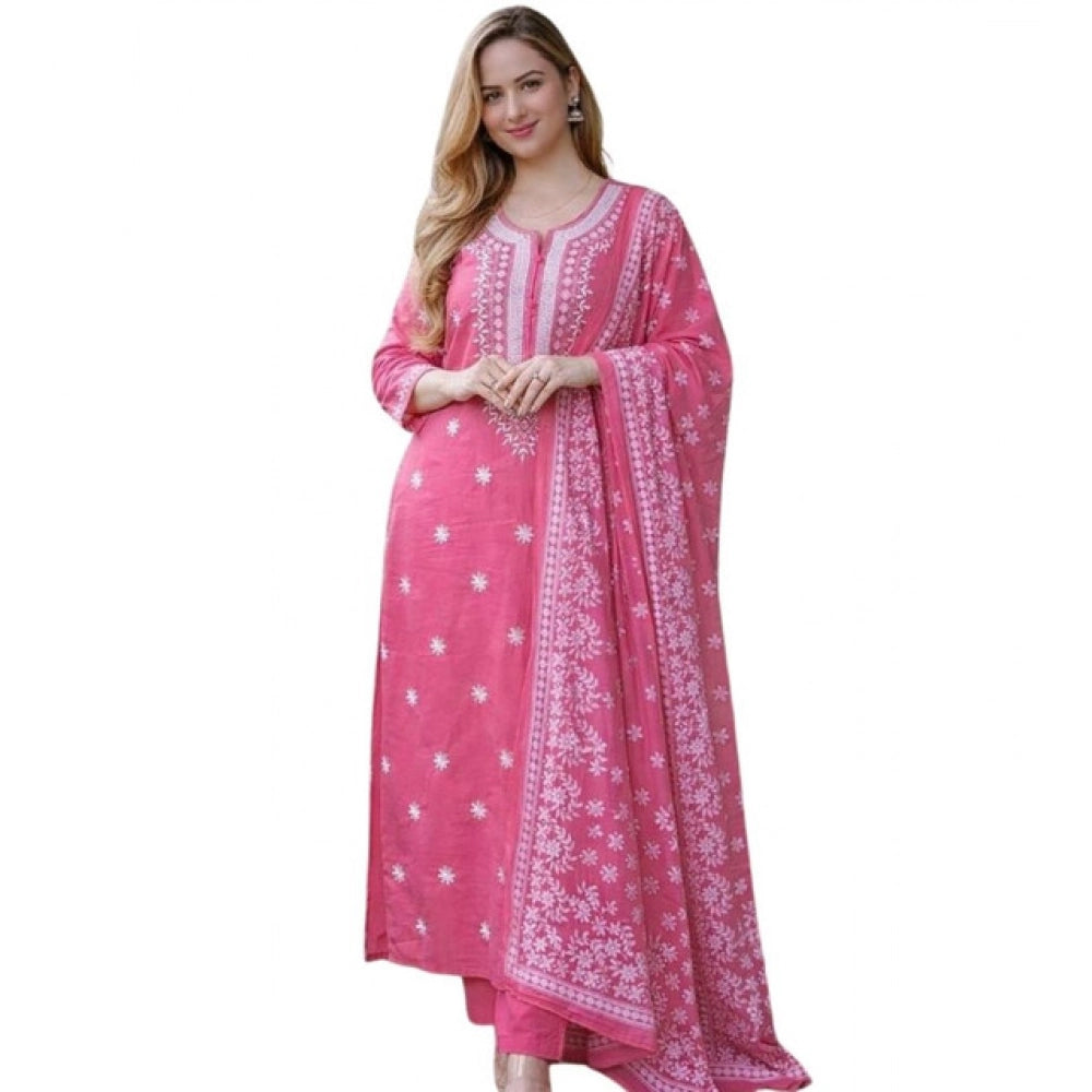 Women's Chanderi Silk Ethnic Motif Round 3/4th Sleeve Kurti With Pant Dupatta Set (Pink)